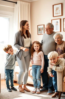 A warm family scene featuring a couple, a boy and a girl, standing together in a cozy living room