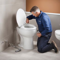 Professional plumber 'Mike' fixing a toilet in a clean, modern bathroom