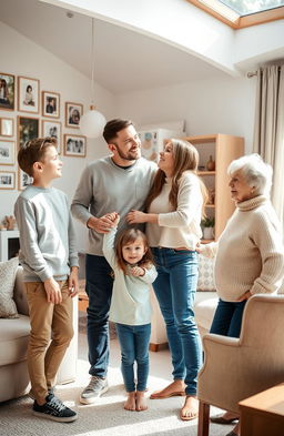 A warm family scene featuring a couple, a boy and a girl, standing together in a cozy living room