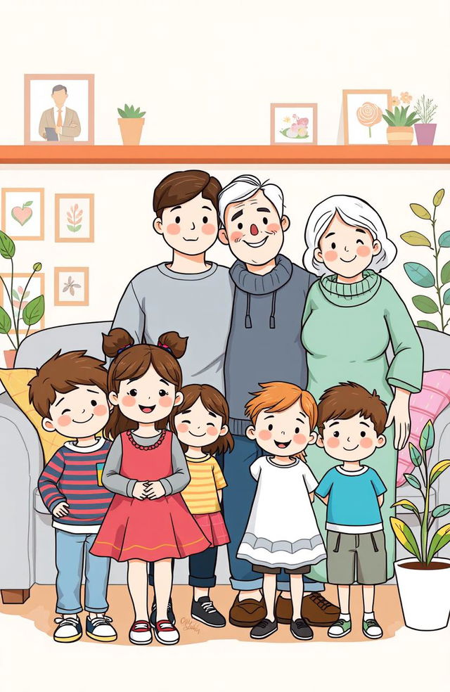 A young boy and girl couple with a mother, father, sister, brother, and grandmother, all drawn in a charming and colorful illustration style