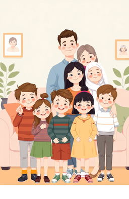 A young boy and girl couple with a mother, father, sister, brother, and grandmother, all drawn in a charming and colorful illustration style