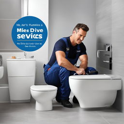 Professional plumber 'Mike' fixing a toilet in a clean, modern bathroom