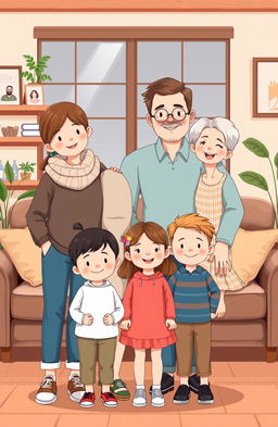 A young boy and girl couple with a mother, father, sister, brother, and grandmother, all drawn in a charming and colorful illustration style