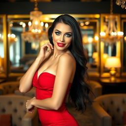 A sexy Russian woman with long dark hair and striking blue eyes, wearing a stylish and seductive red dress that hugs her curves