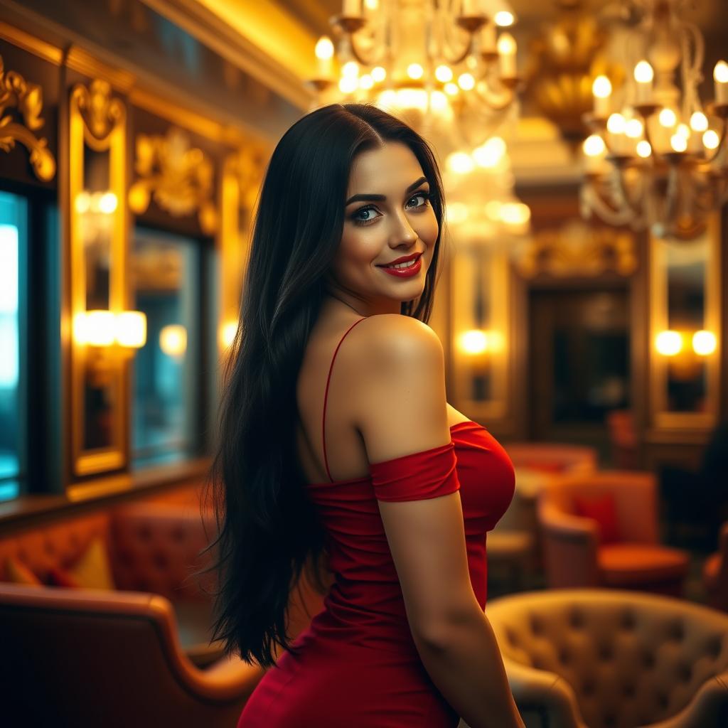 A sexy Russian woman with long dark hair and striking blue eyes, wearing a stylish and seductive red dress that hugs her curves