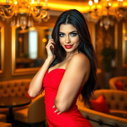 A sexy Russian woman with long dark hair and striking blue eyes, wearing a stylish and seductive red dress that hugs her curves