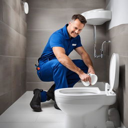 Professional plumber 'Mike' fixing a toilet in a clean, modern bathroom