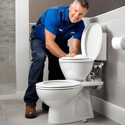 Professional plumber 'Mike' fixing a toilet in a clean, modern bathroom