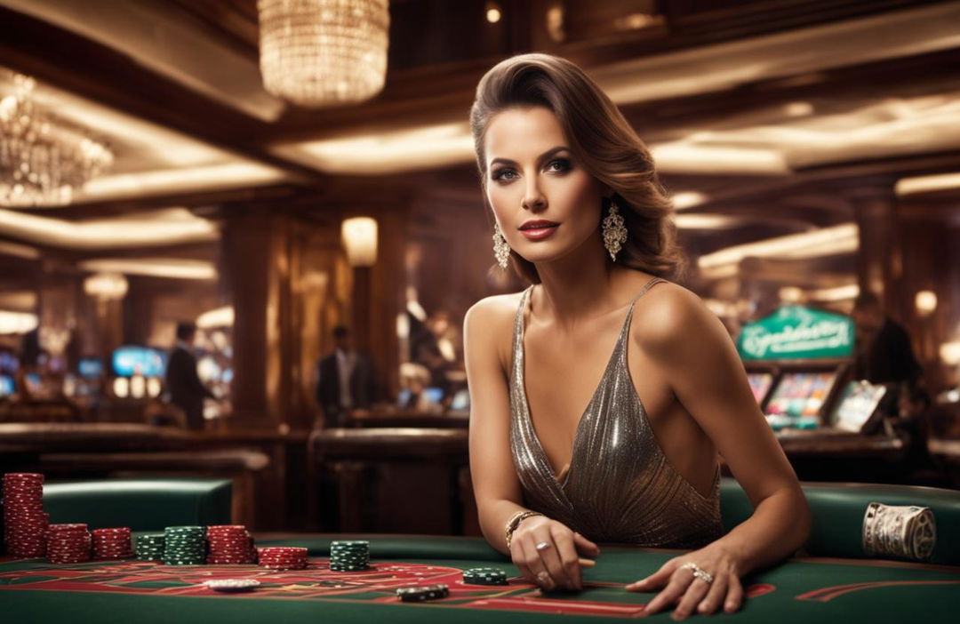 A captivating casino advertisement featuring a stylish woman amidst the glitz and glamour of a high-stakes gaming environment