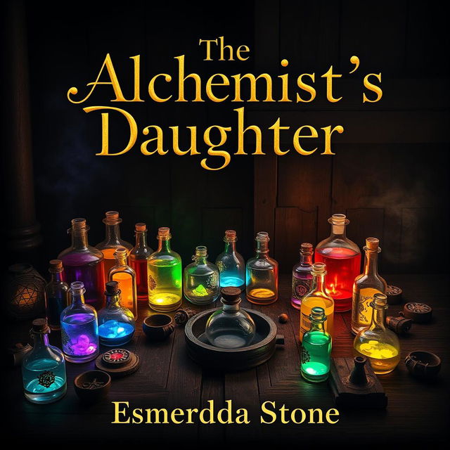 A captivating book cover for 'The Alchemist's Daughter' by Esmeralda Stone, set in a historical fantasy world