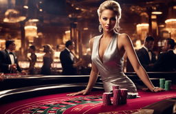 A captivating casino advertisement featuring a stylish woman amidst the glitz and glamour of a high-stakes gaming environment