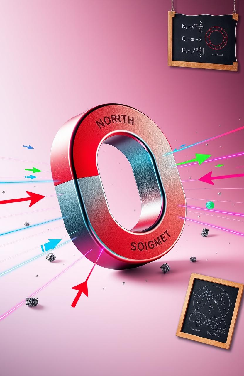 A visually stunning and educational depiction of a magnet, showcasing its north and south poles vividly labeled