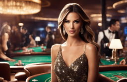 A captivating casino advertisement featuring a stylish woman amidst the glitz and glamour of a high-stakes gaming environment