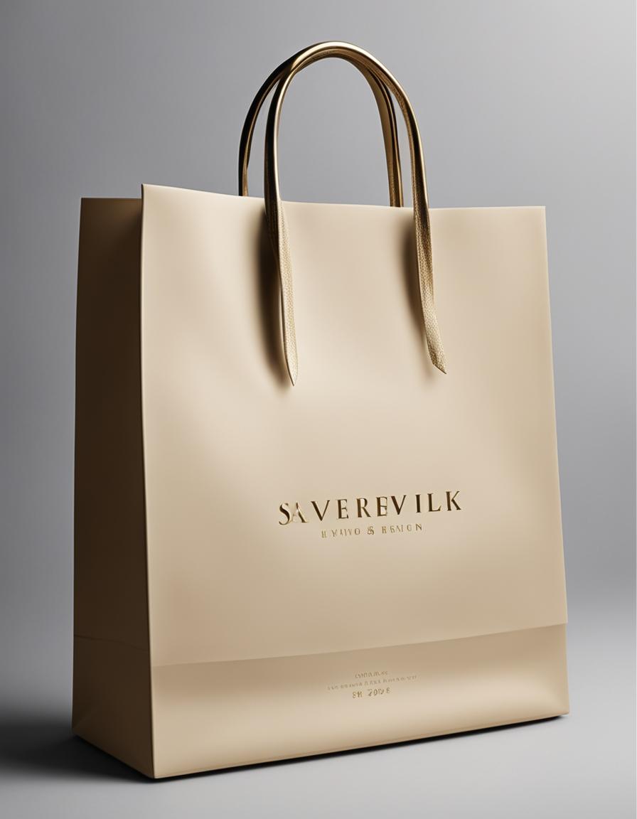 Luxury fashion advertisement featuring a $3000 paper bag with gold thread handles against a glossy black background