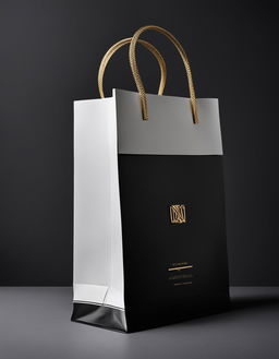 Luxury fashion advertisement featuring a $3000 paper bag with gold thread handles against a glossy black background