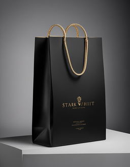 Luxury fashion advertisement featuring a $3000 paper bag with gold thread handles against a glossy black background