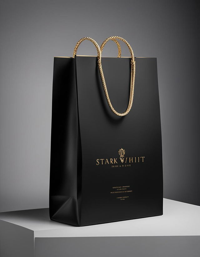 Luxury fashion advertisement featuring a $3000 paper bag with gold thread handles against a glossy black background