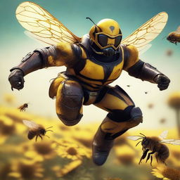 A detailed action shot of a cowboy Bee Leader, in fight gear, heroically riding a majestic bumblebee