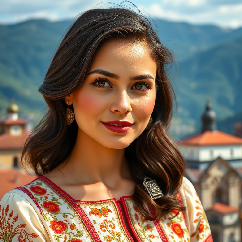 A portrait of a 35-year-old woman embodying Georgian feminine beauty