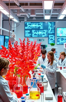 A vibrant and engaging portrayal of red biotechnology, featuring a laboratory setting bustling with activity
