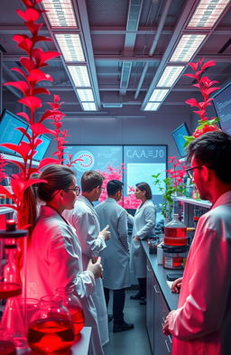 A vibrant and engaging portrayal of red biotechnology, featuring a laboratory setting bustling with activity