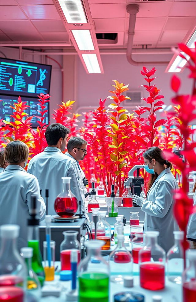 A vibrant and engaging portrayal of red biotechnology, featuring a laboratory setting bustling with activity