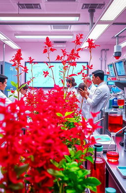 A vibrant and engaging portrayal of red biotechnology, featuring a laboratory setting bustling with activity