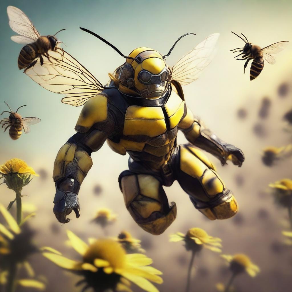 A detailed action shot of a cowboy Bee Leader, in fight gear, heroically riding a majestic bumblebee