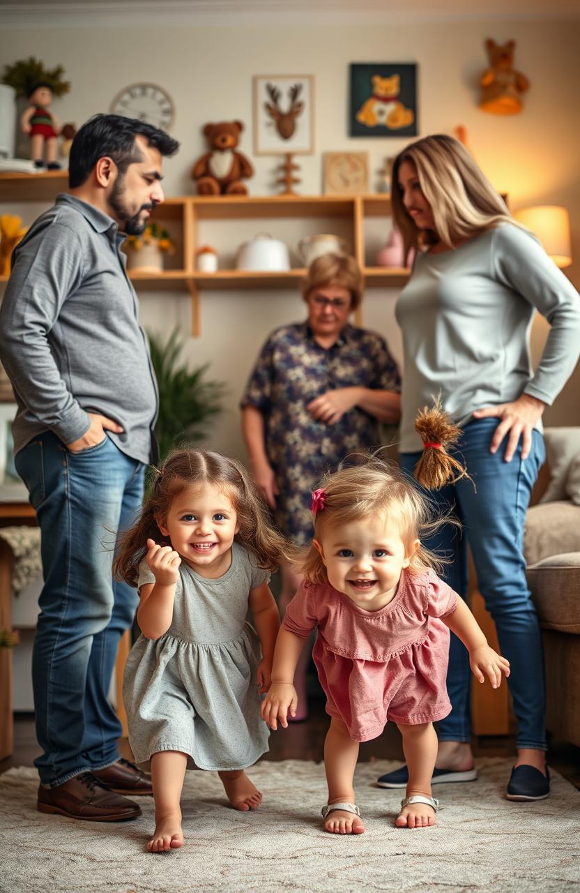 A scene depicting a family dynamic with a father and mother standing apart in a tense stance, showing disagreement