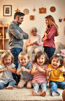 A scene depicting a family dynamic with a father and mother standing apart in a tense stance, showing disagreement