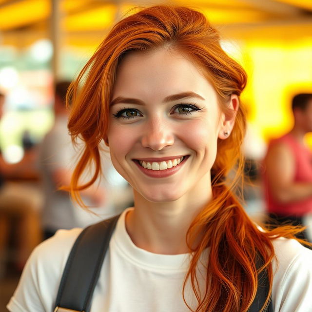 A woman, 35 years old, of European descent, showcasing a blend of Scandinavian, Slavic, and Mediterranean features with striking red hair