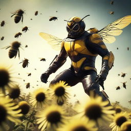 A detailed action shot of a cowboy Bee Leader, in fight gear, heroically riding a majestic bumblebee