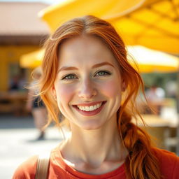 A woman, 35 years old, of European descent, showcasing a blend of Scandinavian, Slavic, and Mediterranean features with bright red hair