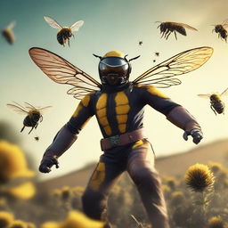 A detailed action shot of a cowboy Bee Leader, in fight gear, heroically riding a majestic bumblebee