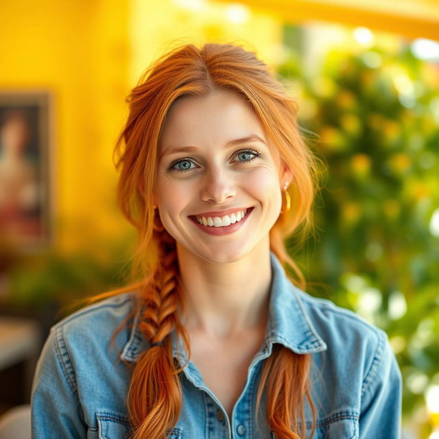 A woman, 35 years old, of European descent, showcasing a blend of Scandinavian, Slavic, and Mediterranean features with bright red hair