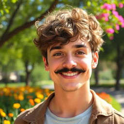 A cute man with curly hair and a small black mustache, wearing a bright smile