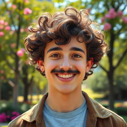 A cute man with curly hair and a small black mustache, wearing a bright smile