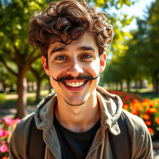 A cute man with curly hair and a small black mustache, wearing a bright smile