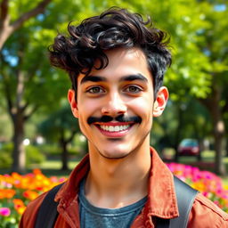 A cute man with curly hair and a small black mustache, wearing a bright smile