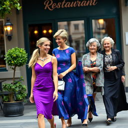 A vibrant scene of three women walking towards a restaurant, all looking happy and laughing