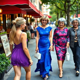 A vibrant scene of three women walking towards a restaurant, all looking happy and laughing