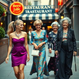 A vibrant scene of three women walking towards a restaurant, all looking happy and laughing