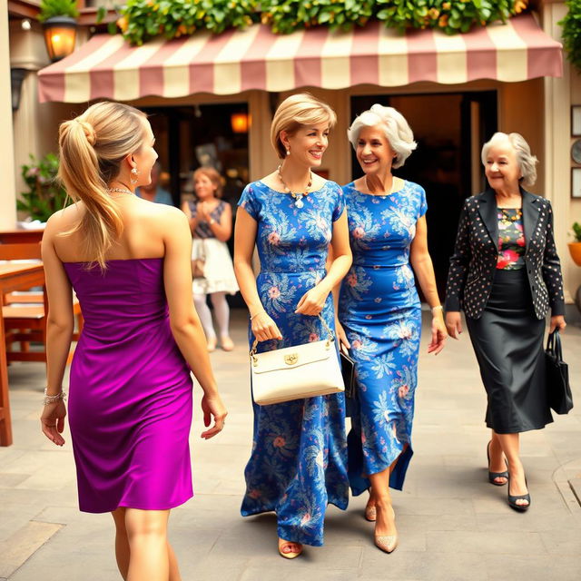 A vibrant scene of three women walking towards a restaurant, all looking happy and laughing