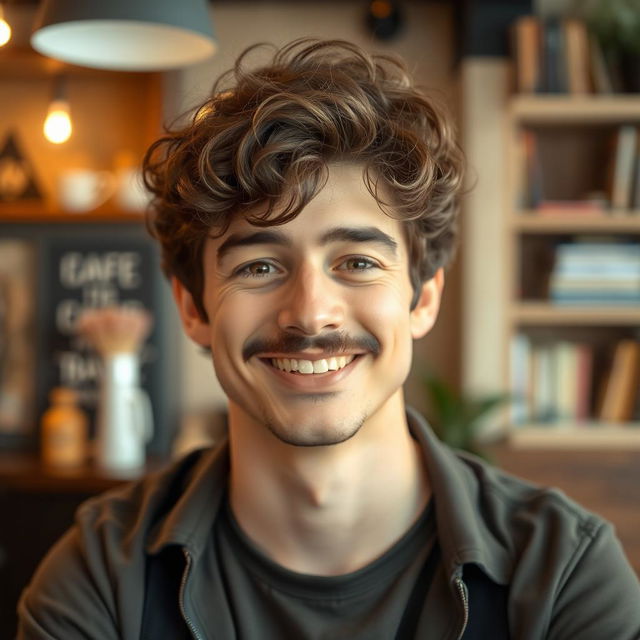 A cute 30-year-old man with a small black mustache and curly brown hair, smiling warmly