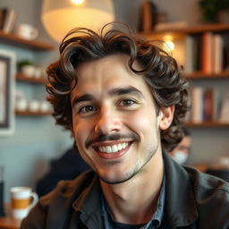 A cute 30-year-old man with a small black mustache and curly brown hair, smiling warmly