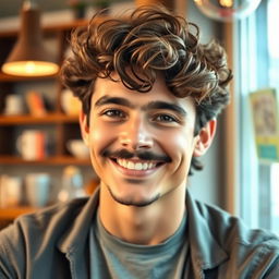 A cute 30-year-old man with a small black mustache and curly brown hair, smiling warmly