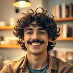 A cute 30-year-old man with a small black mustache and curly brown hair, smiling warmly