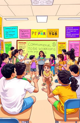 A dynamic classroom scene illustrating the concept of body expression as an educational tool in a vibrant setting