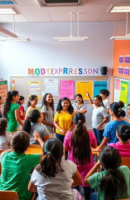 A dynamic classroom scene illustrating the concept of body expression as an educational tool in a vibrant setting