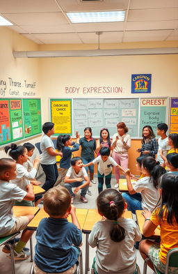 A dynamic classroom scene illustrating the concept of body expression as an educational tool in a vibrant setting